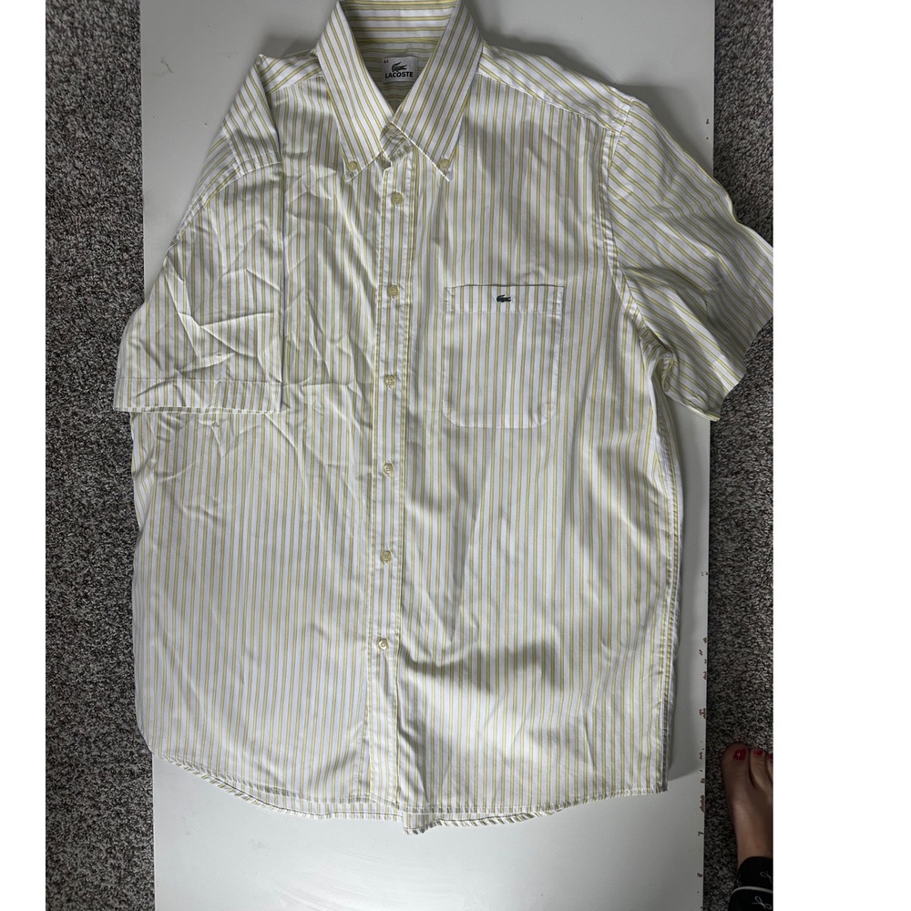 Lacoste Mens Short Sleeve Button Down Shirt Yellow White Striped Cotton Size 44
